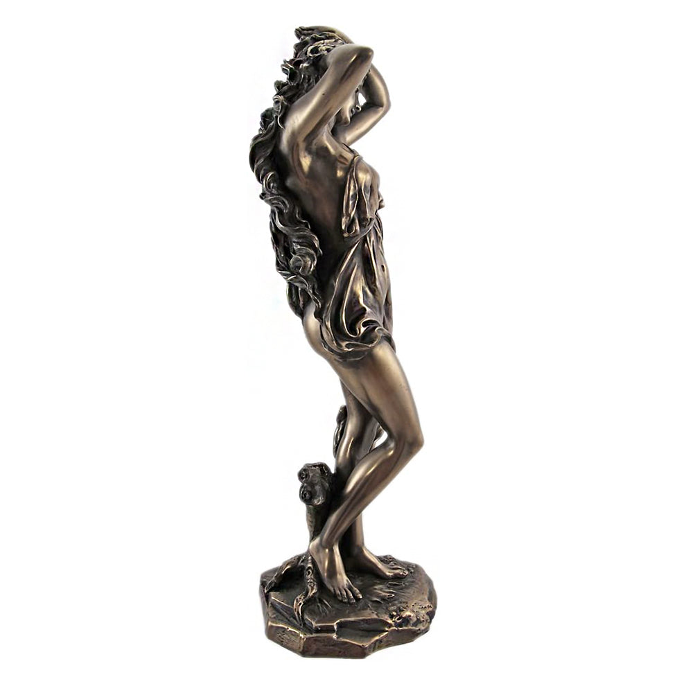 Bronze statue of Aphrodite with wild hair on a white background (seen from the side)