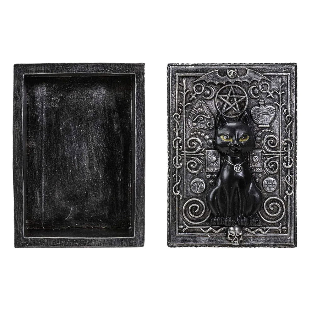 Decorative box with a black cat and pentacle design on a white background