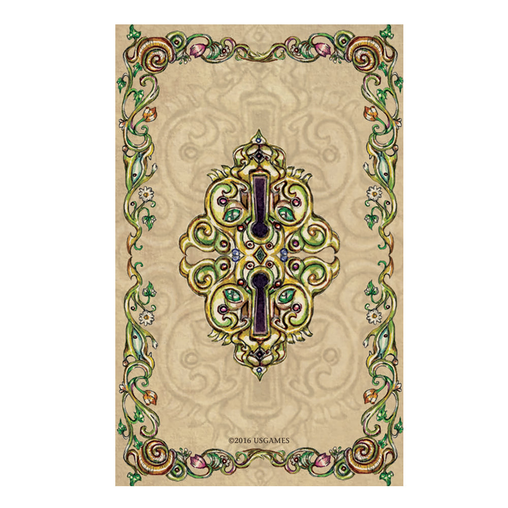 Decorative card with a central key design and intricate border on a beige background
