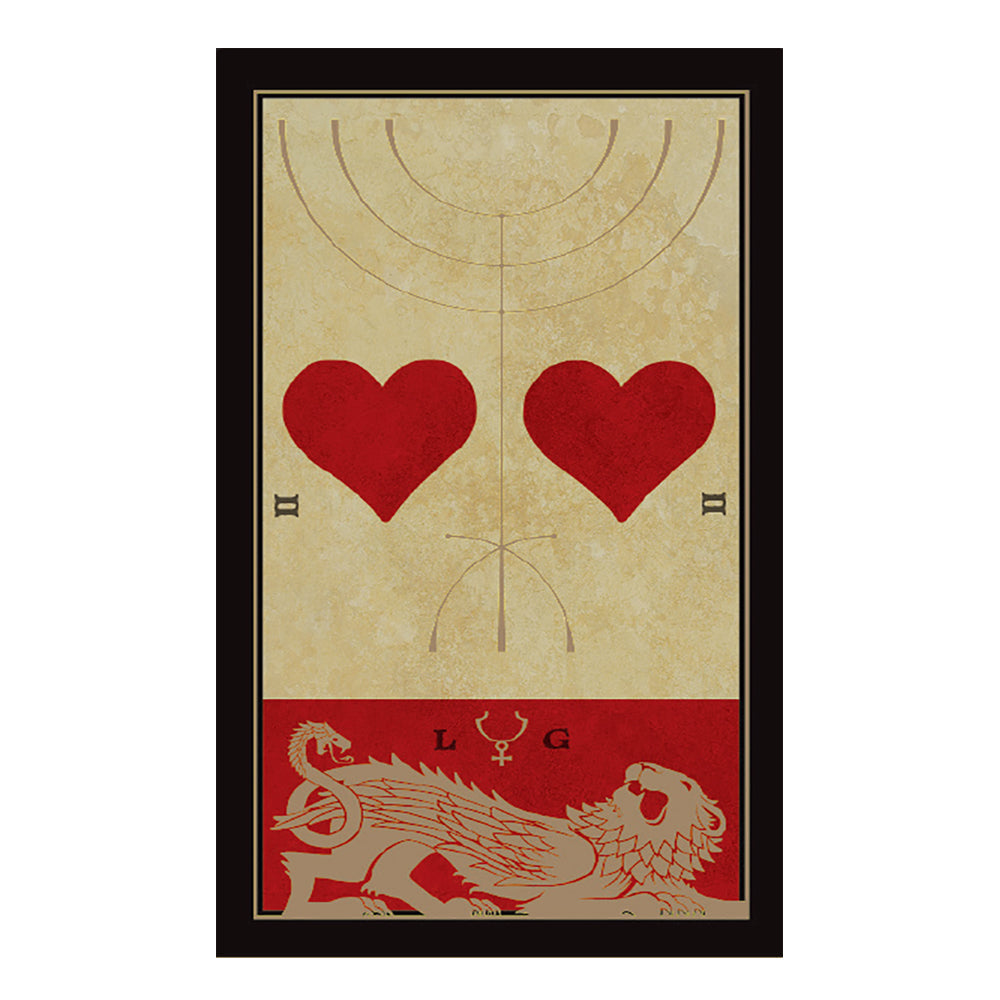 Decorative panel with red hearts, a dragon emblem, and L G branding on a beige and red background.
