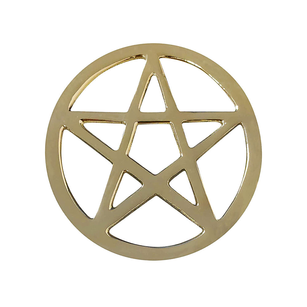 Shiny brass pentacle altar tile on a white background
