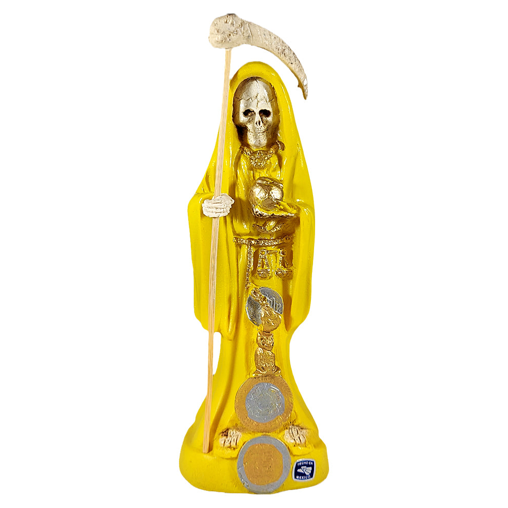 Statue of yellow Santa Muerte with gold accents