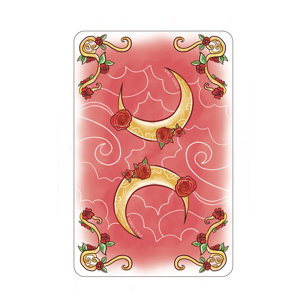 Decorative card with gold crescent moons and red roses on a pink background