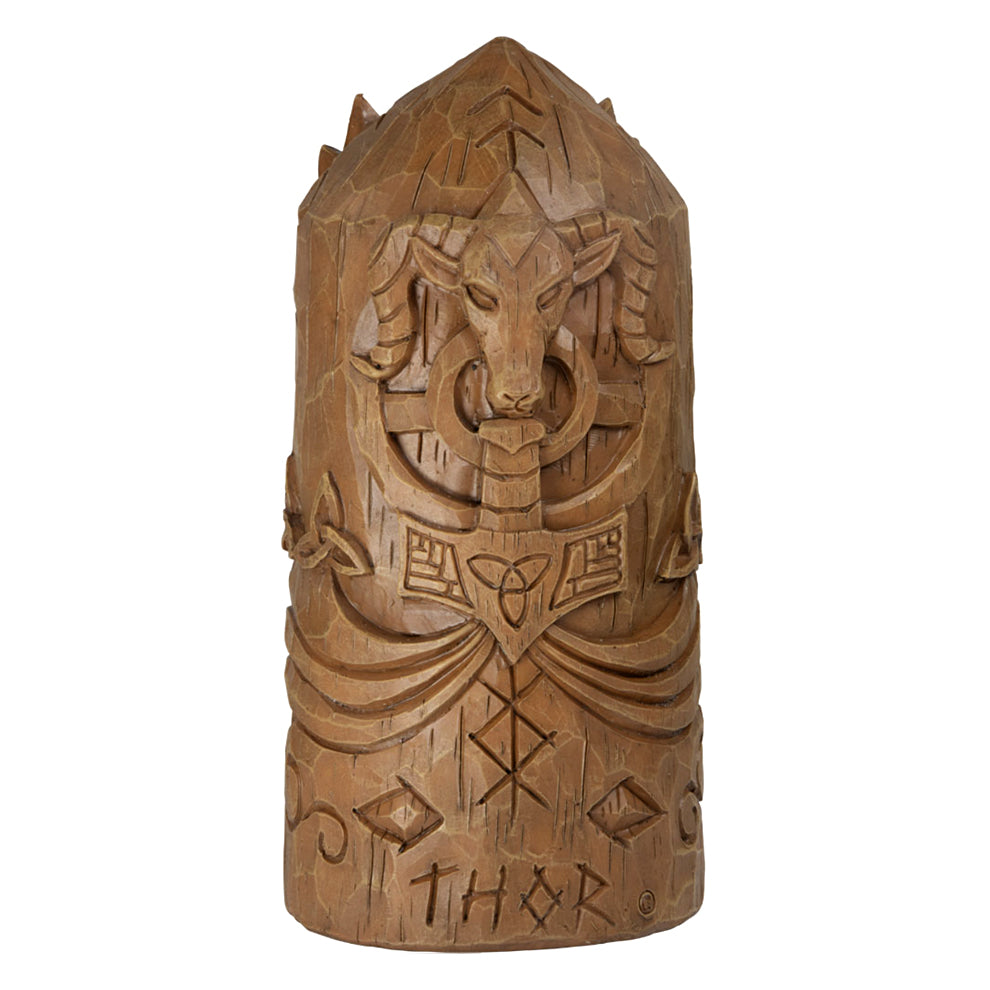 Polyresin statue of Thor made to look like a wooden statue. The back of the statue includes Mjolnir.