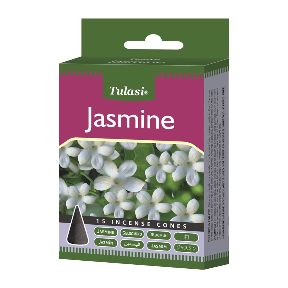 Tulasi Jasmine incense cones packaging on a white background