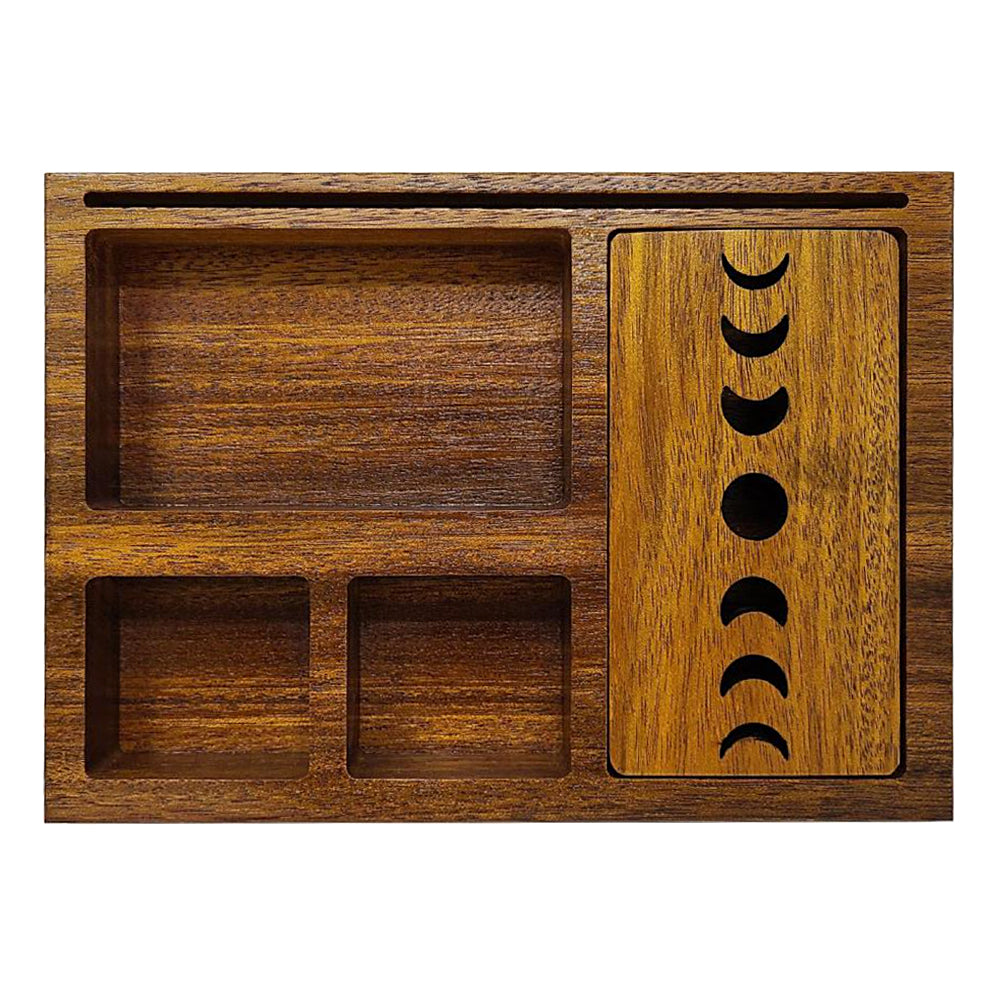 Wooden tray with moon phase design on a white background