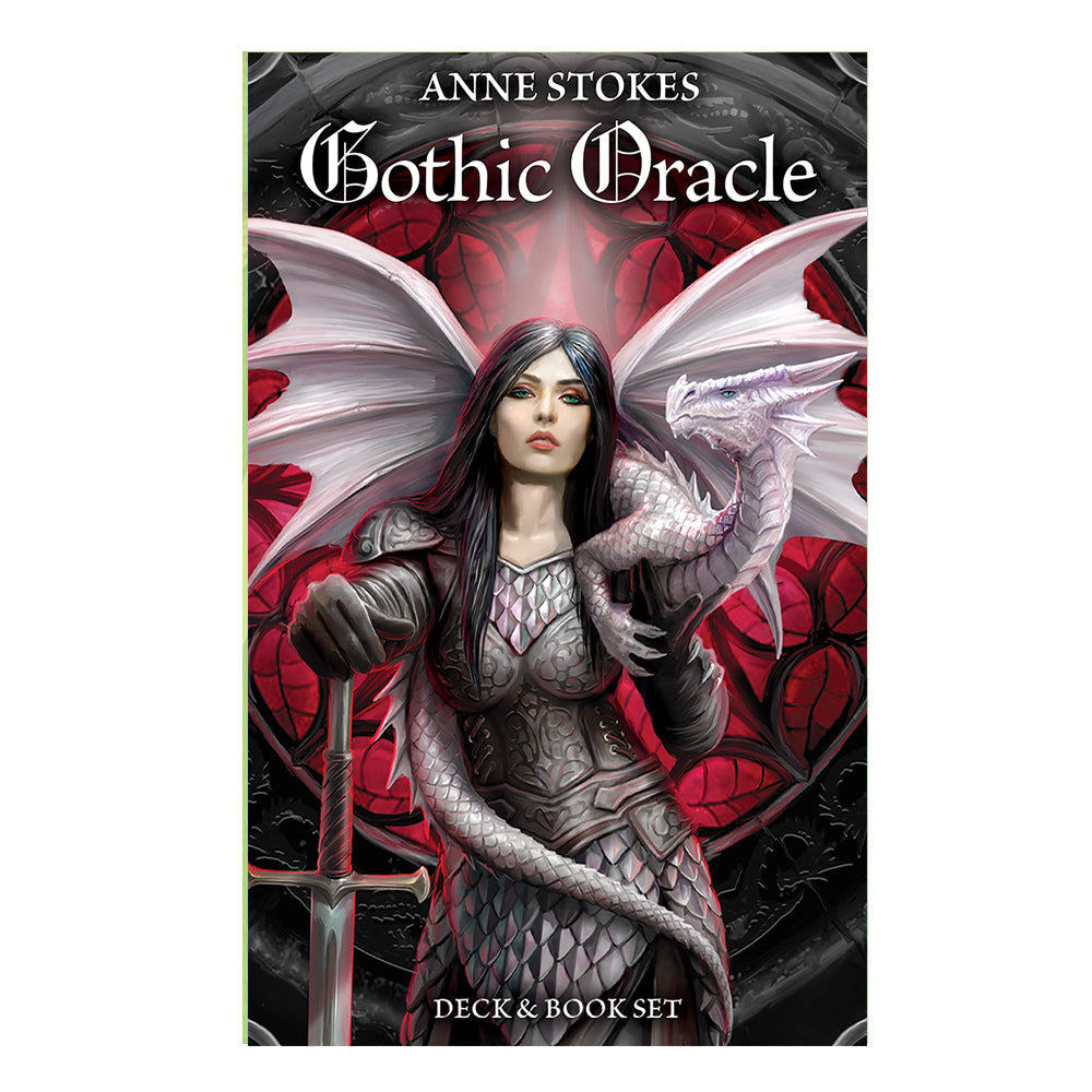 Cover of Anne Stokes Gothic Oracle deck. Features a dark haired woman night clutching a broadsword with a young pink dragon on her shoulders. The background is a blood red stained glass window.