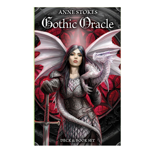 Cover of Anne Stokes Gothic Oracle deck. Features a dark haired woman night clutching a broadsword with a young pink dragon on her shoulders. The background is a blood red stained glass window.