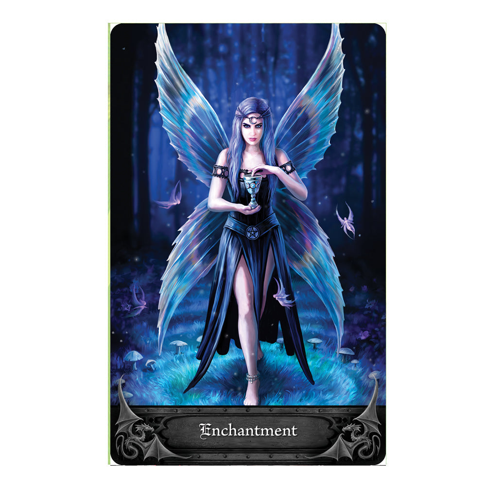 Anne Stokes Gothic Oracle Deck card - Enchantment. A fae woman with huge translucent blue and purple wings holds a blue chalice.