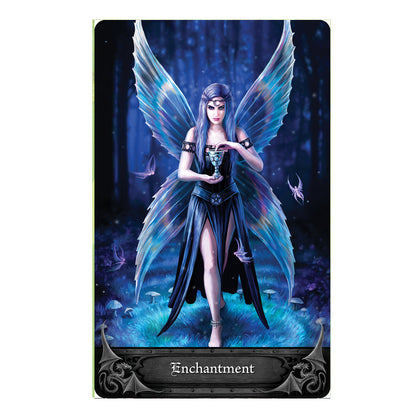 Anne Stokes Gothic Oracle Deck card - Enchantment. A fae woman with huge translucent blue and purple wings holds a blue chalice.