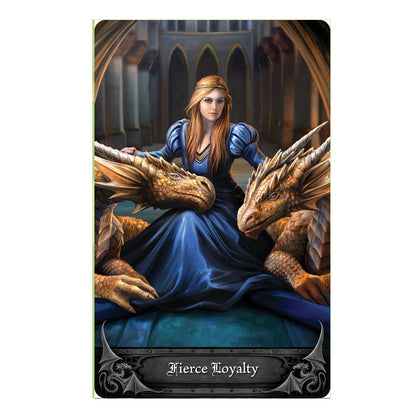 Anne Stokes Gothic Oracle deck card - Fierce Loyalty. A royal blonde woman wearing a fairy tale blue dress and gold headband is flanked by two bronze dragons.