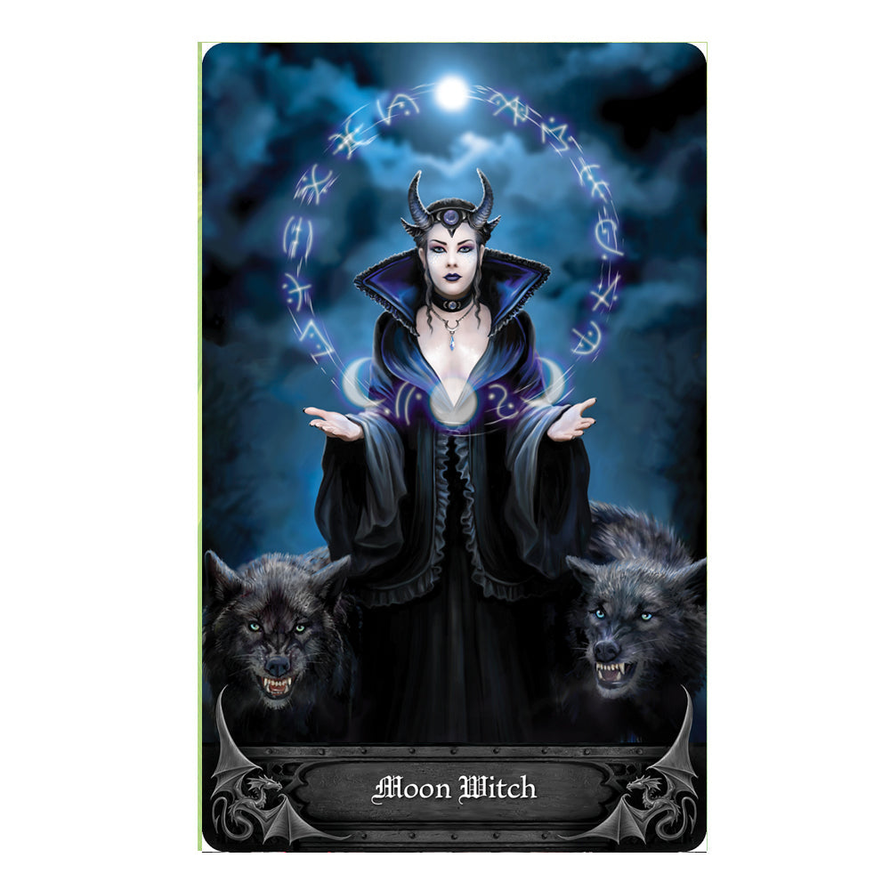 Anne Stokes Gothic Oracle Deck card - Moon Witch. A moon witch is casting a spell with sigils and runes including moon signs. They are flanked by two black wolves.