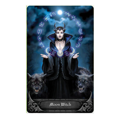 Anne Stokes Gothic Oracle Deck card - Moon Witch. A moon witch is casting a spell with sigils and runes including moon signs. They are flanked by two black wolves.