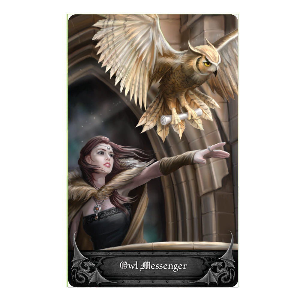 Anne Stokes Gothic Oracle Deck card - Owl Messenger. A warrior woman in a fur cape releases an owl from a balcony.
