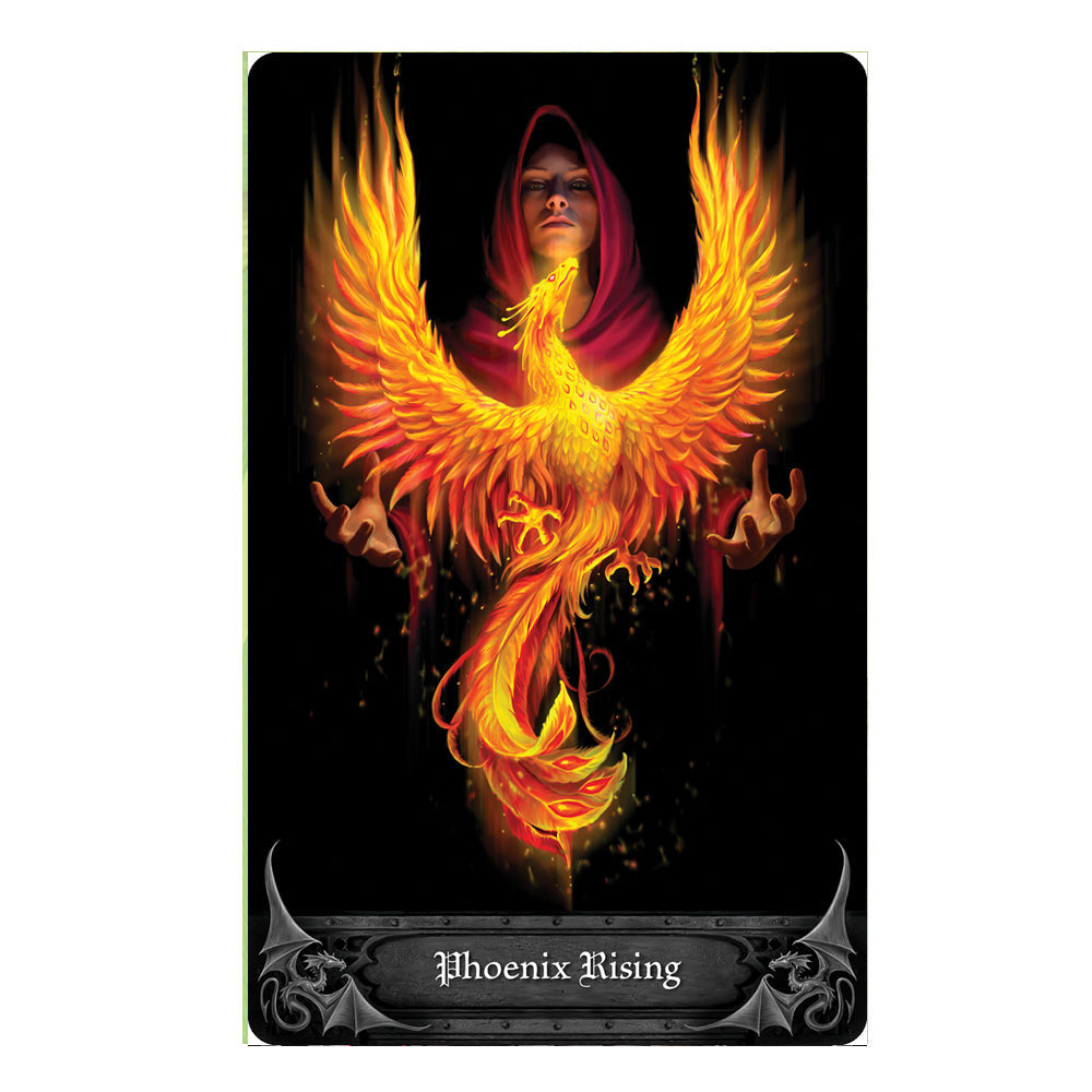 Anne Stokes Gothic Oracle Deck card - Phoenix Rising. An ominous person in a red hood/robe is controlling or bringing into form a fiery phoenix out of darkness.