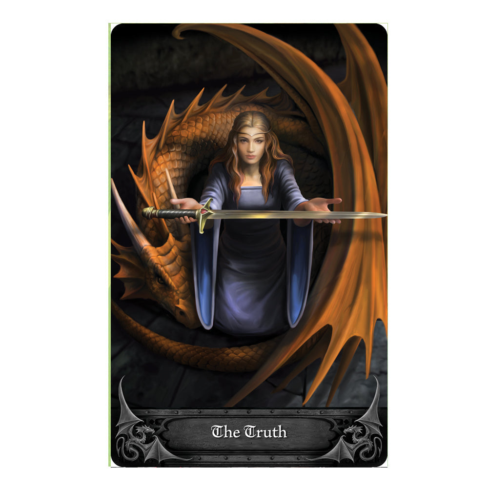 Anne Stokes Gothic Oracle Deck card - The Truth. A royal blonde woman in a blue dress is encircled by an orange dragon and is offering you a shiny sword.