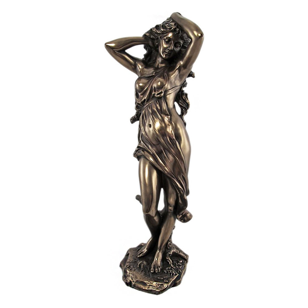 Bronze statue of Aphrodite with wild hair on a white background