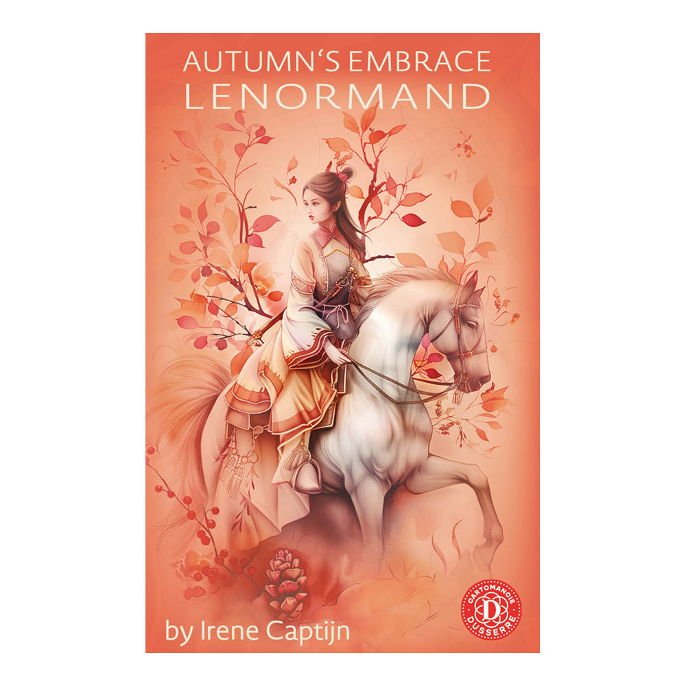Book cover of 'Autumn's Embrace Lenormand' featuring a woman on a horse with autumn leaves.