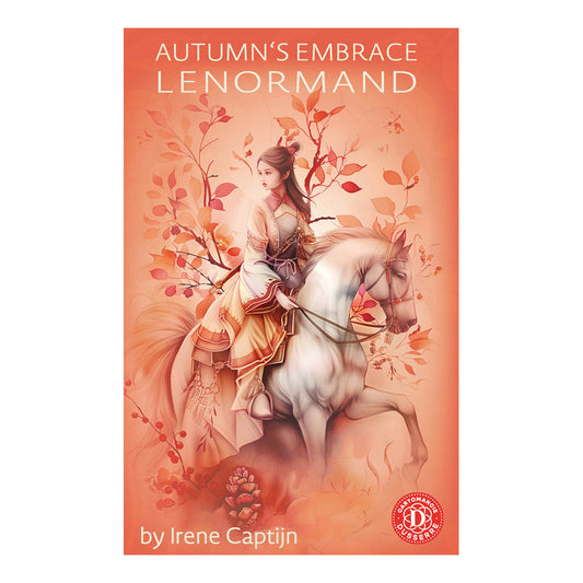 Book cover of 'Autumn's Embrace Lenormand' featuring a woman on a horse with autumn leaves.