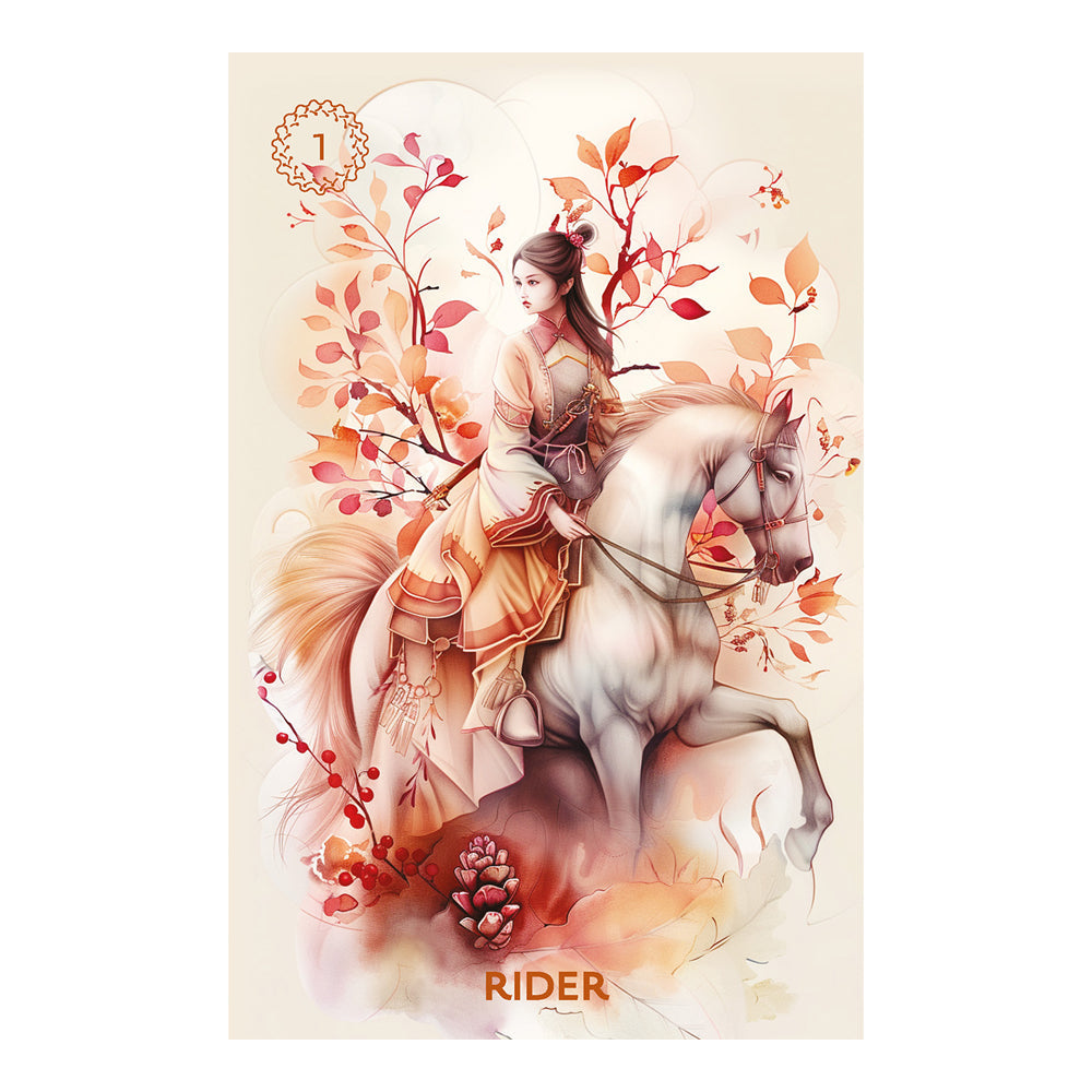 Illustration of a woman riding a horse surrounded by autumn leaves and foliage.
