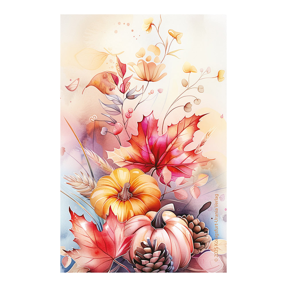 Decorative card with autumn-themed elements including pumpkins, leaves, and pine cones on a light background.
