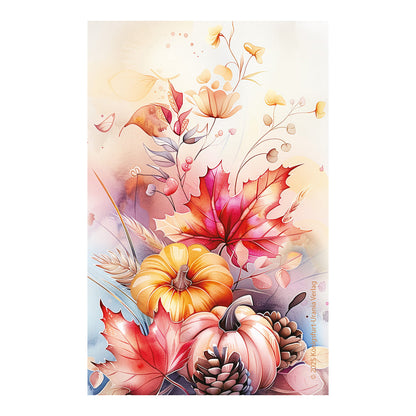 Decorative card with autumn-themed elements including pumpkins, leaves, and pine cones on a light background.