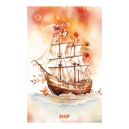 Decorative card with a ship illustration on a colorful background