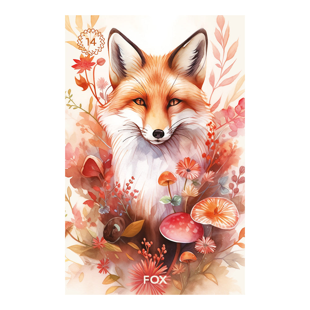 Illustration of a fox surrounded by flowers and mushrooms on a white background