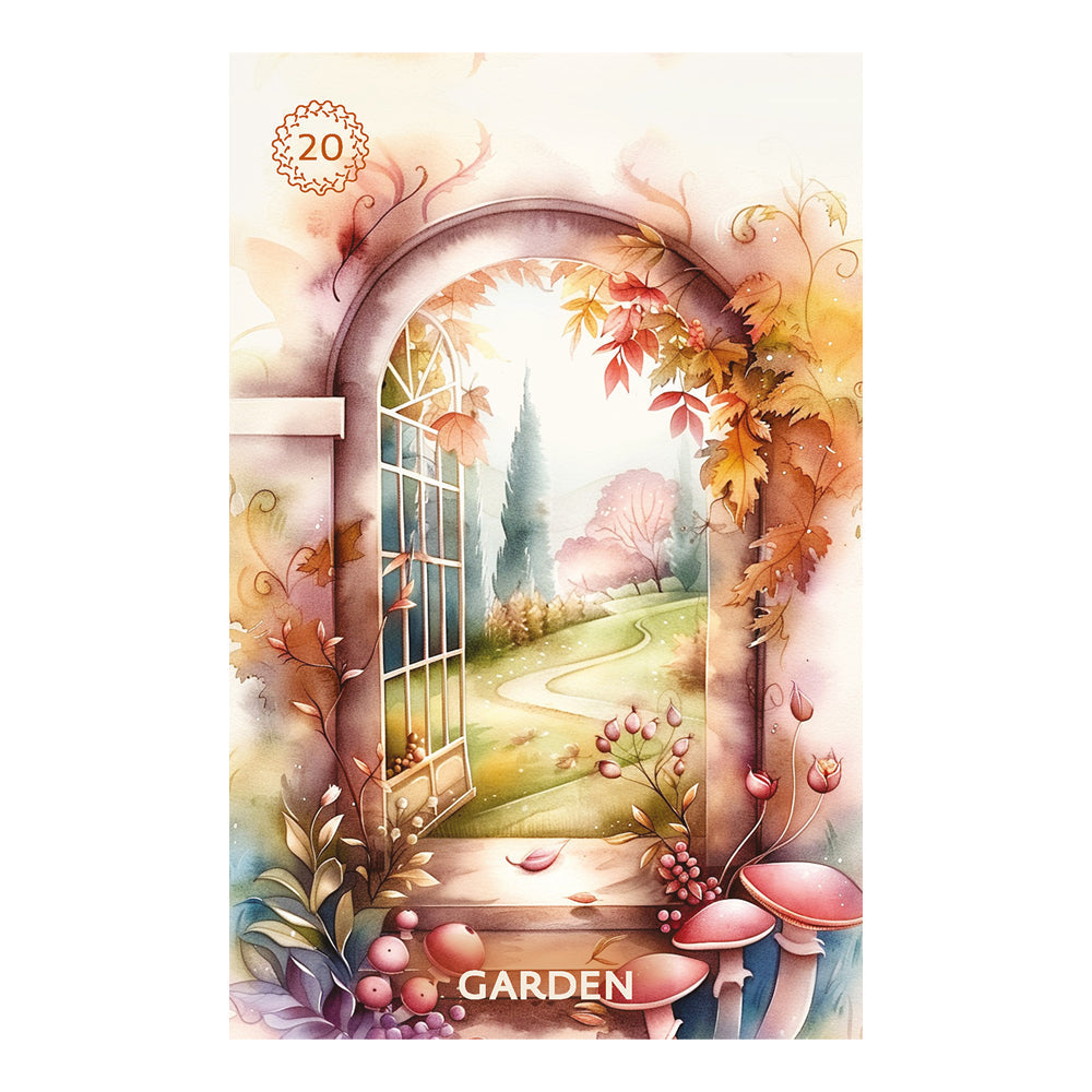 Illustration of a garden door with autumn leaves and flowers on a white background