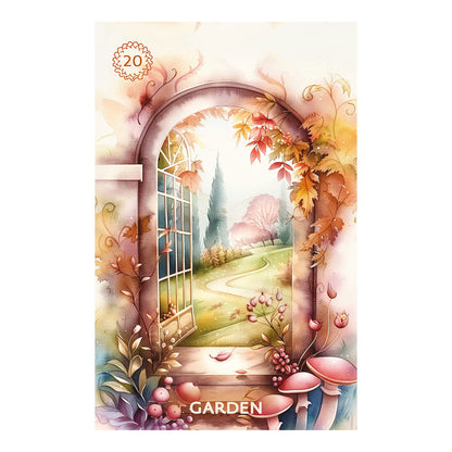 Illustration of a garden door with autumn leaves and flowers on a white background