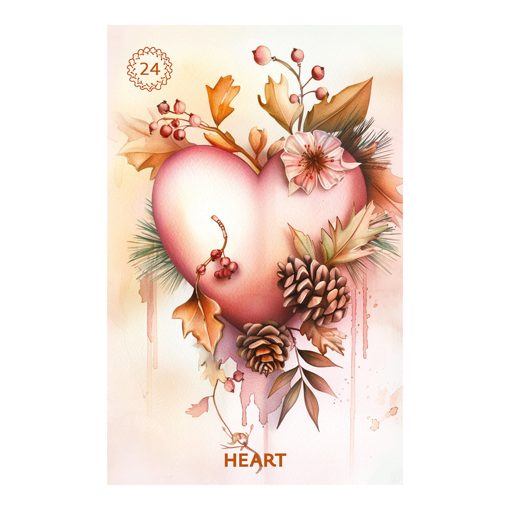 Decorative card with a heart design surrounded by autumn elements on a white background.