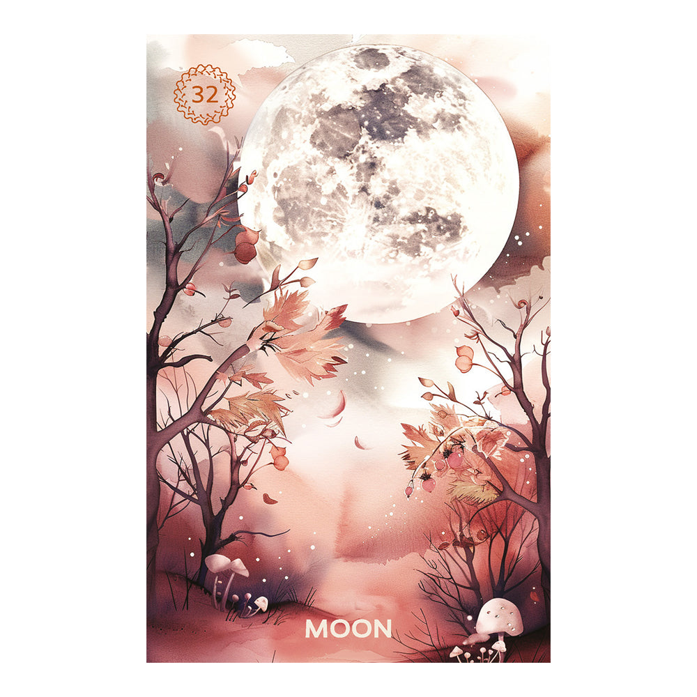 Card with a moonlit forest design and 'MOON' text and number 32. The moon is HUGE.