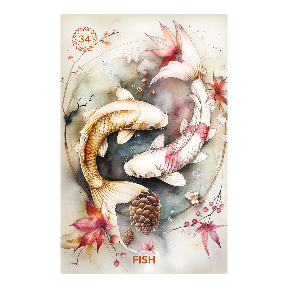 Decorative card with koi fish and floral elements on a light background