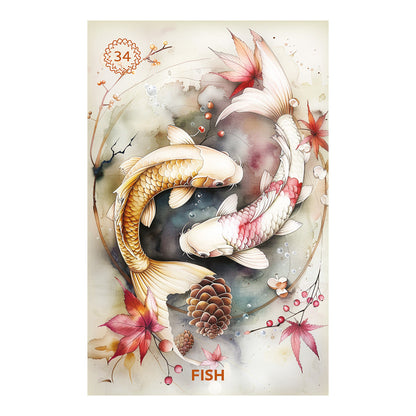 Decorative card with koi fish and floral elements on a light background