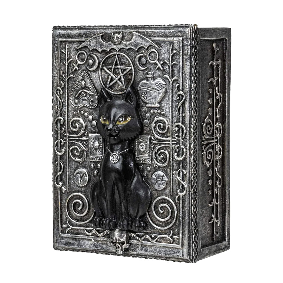 Decorative box with a cat and pentacle design on a white background