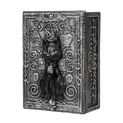 Decorative box with a cat and pentacle design on a white background