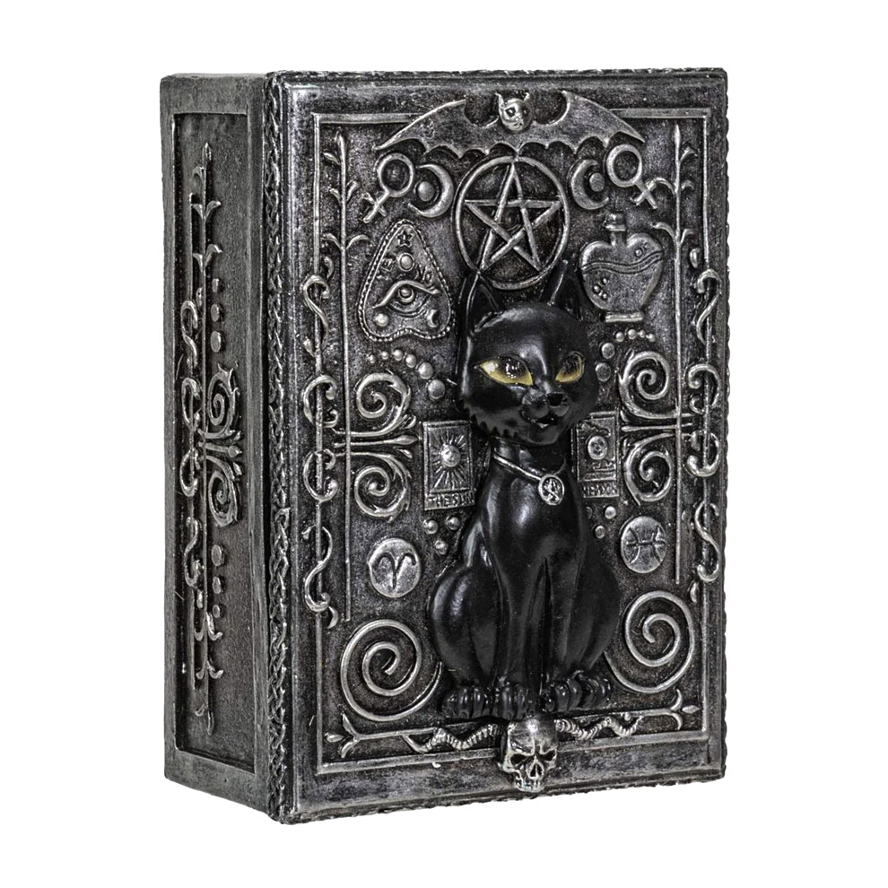 Decorative box with a black cat and pentacle design on a white background