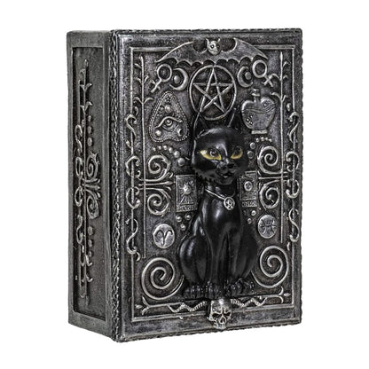 Decorative box with a black cat and pentacle design on a white background