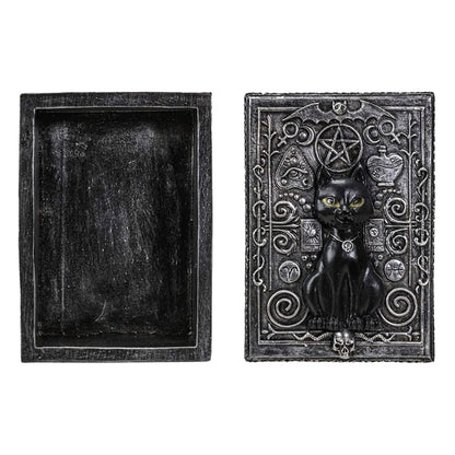 Decorative box with a black cat and pentacle design on a white background