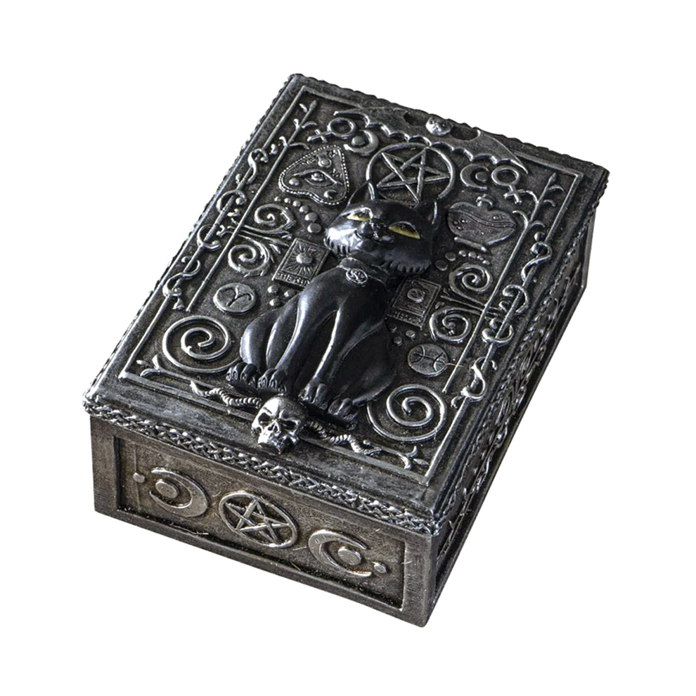 Decorative box with a cat and pentacle design on a white background