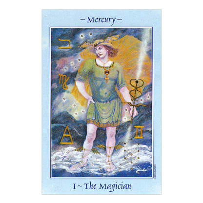 Card featuring a figure labeled 'Mercury' with astrological symbols and 'The Magician' text on a blue border.