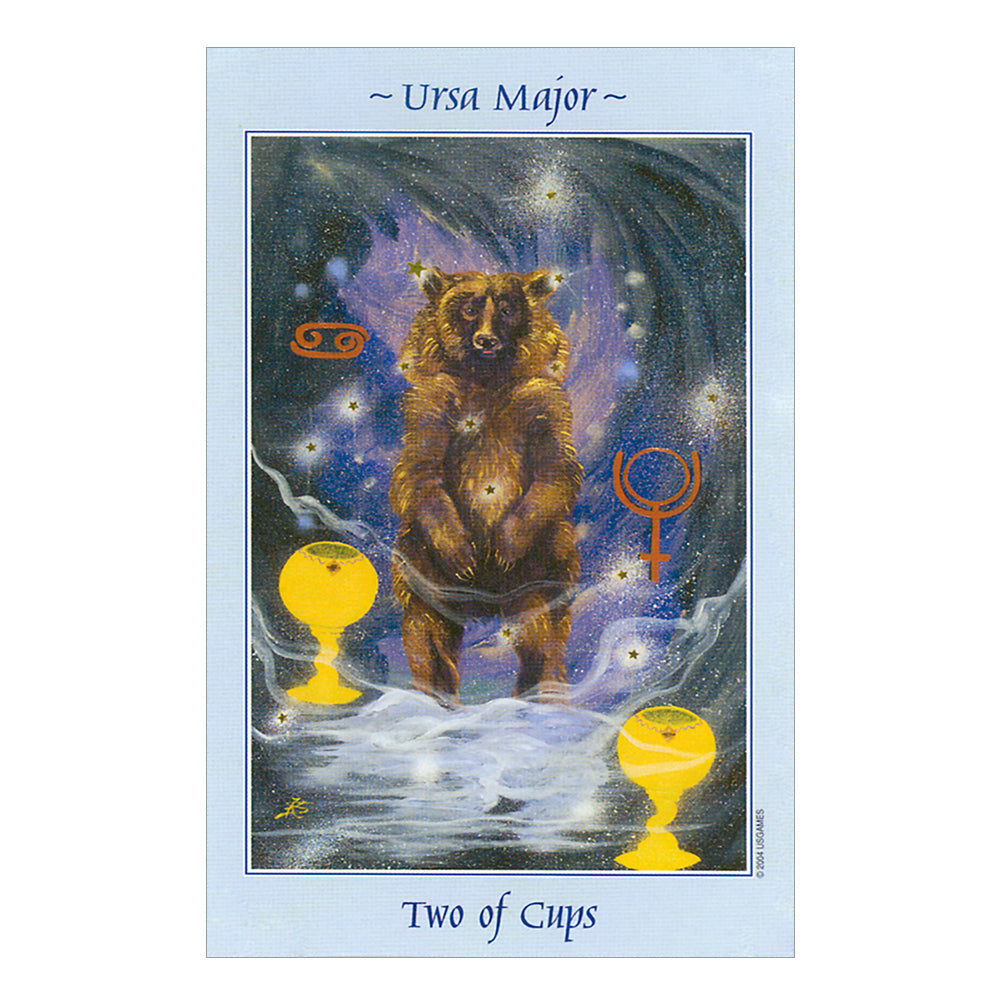 Card featuring a bear and two cups with 'Ursa Major' and 'Two of Cups' text against a starry background.
