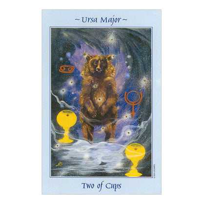 Card featuring a bear and two cups with 'Ursa Major' and 'Two of Cups' text against a starry background.
