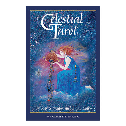 Cover of 'Celestial Tarot' with a woman holding an amphora against a starry night sky.