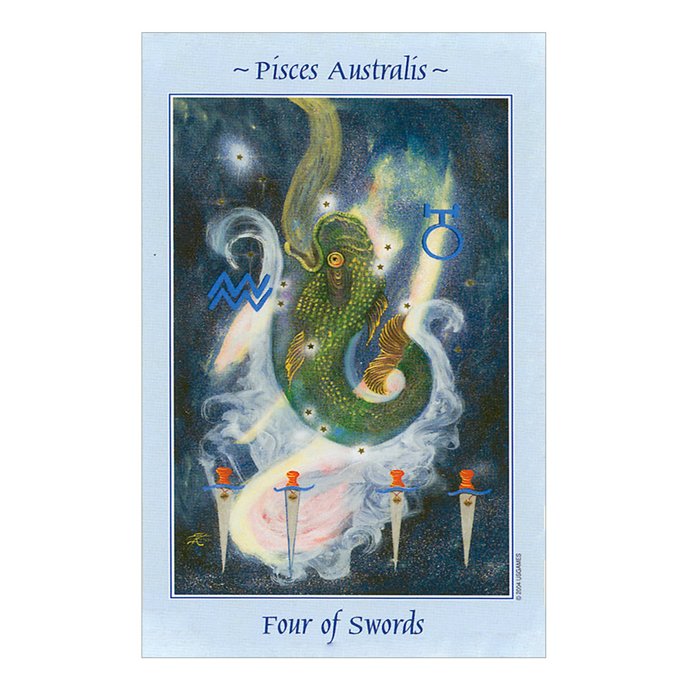 Card featuring an illustration of a fish under the words, "Pisces Australis" and swords with astrological symbols, titled 'Four of Swords'.