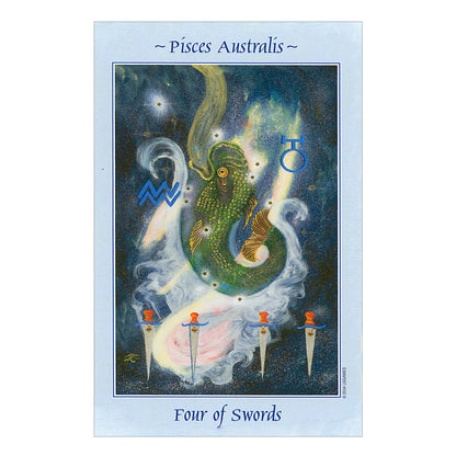 Card featuring an illustration of a fish under the words, "Pisces Australis" and swords with astrological symbols, titled 'Four of Swords'.