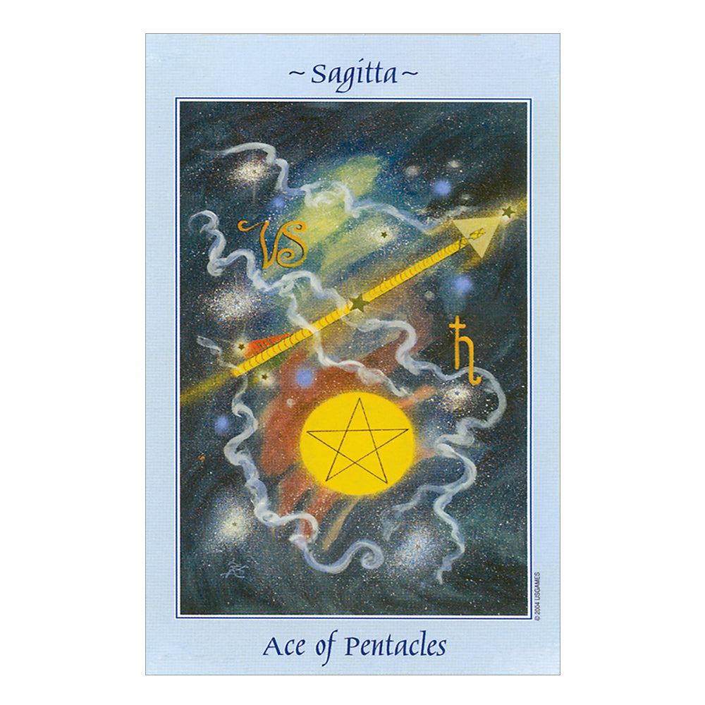 Sagitta tarot card with astrological symbol and pentacle design on a blue border and the words, "Ace of Pentacles".