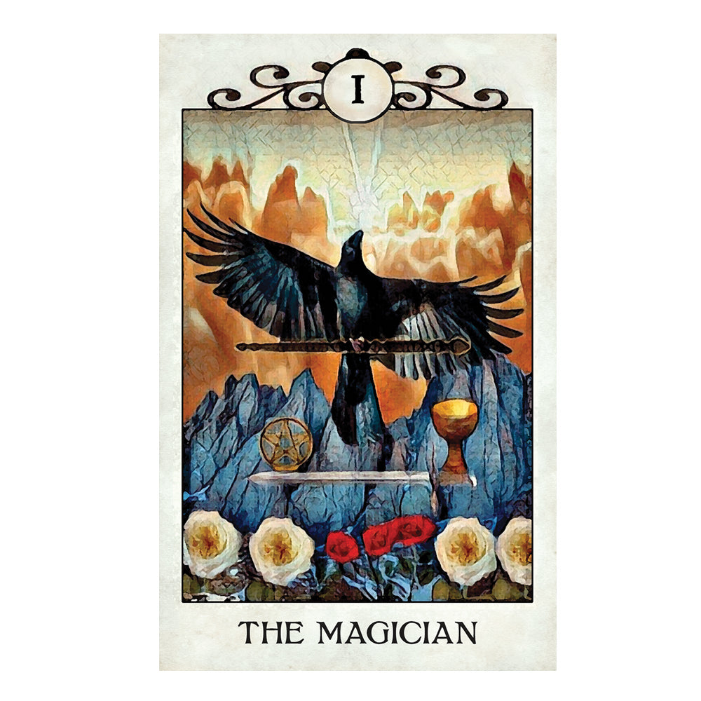 Tarot card titled 'The Magician' with a black bird, sword, wheel, and flowers against a mountainous background.