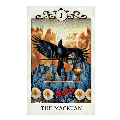 Tarot card titled 'The Magician' with a black bird, sword, wheel, and flowers against a mountainous background.