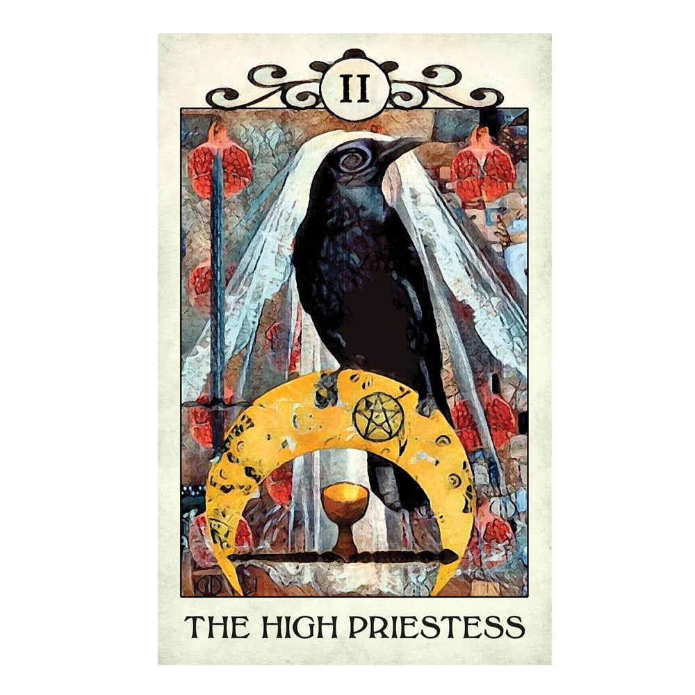 Tarot card titled 'The High Priestess' featuring a black bird and crescent moon.